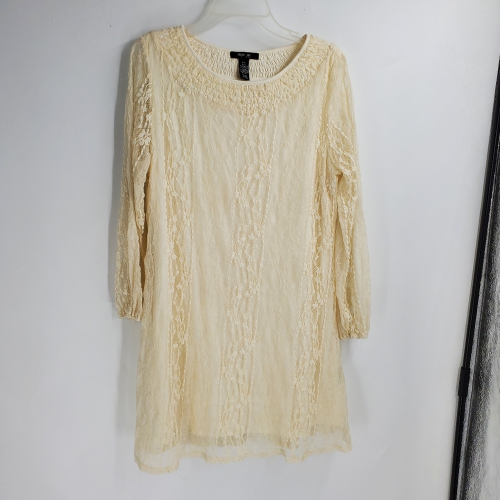 STYLE & CO PETITE  womens PXL creme lace overlay dress